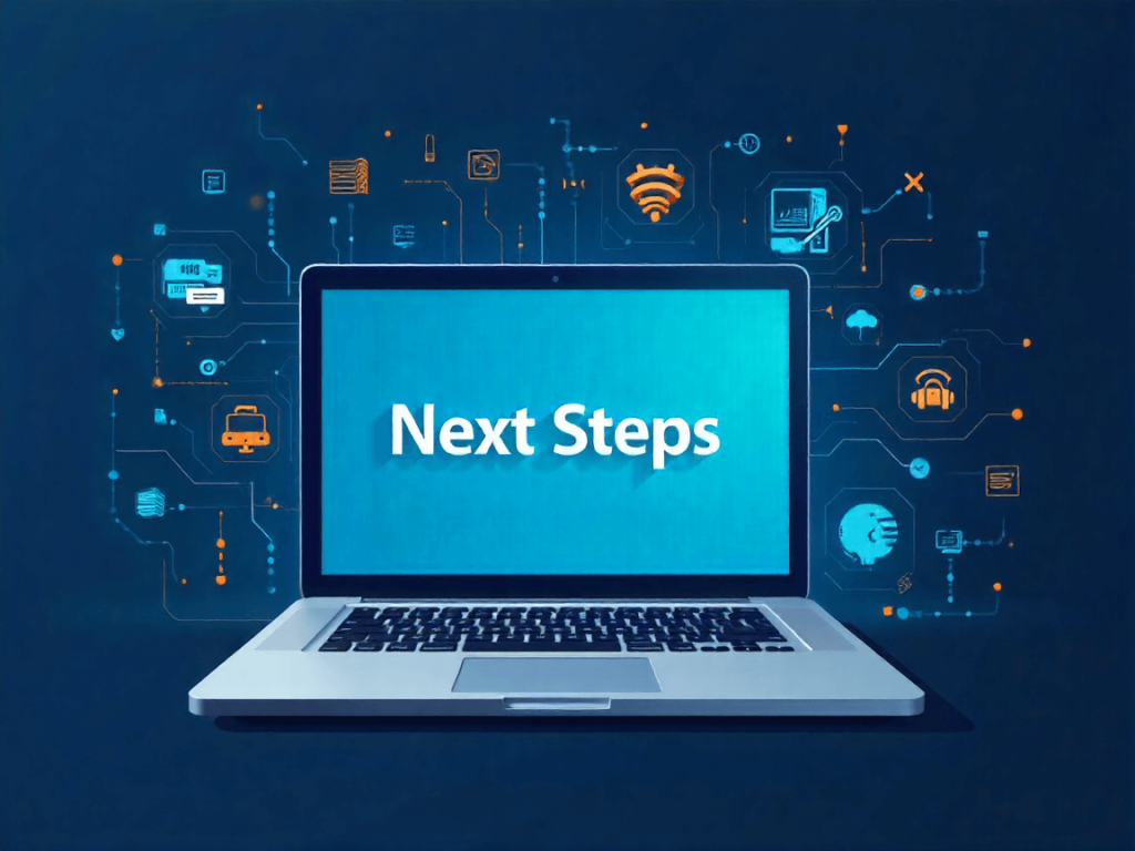 lustración de portátil con procesos de automatización inteligente para negocios