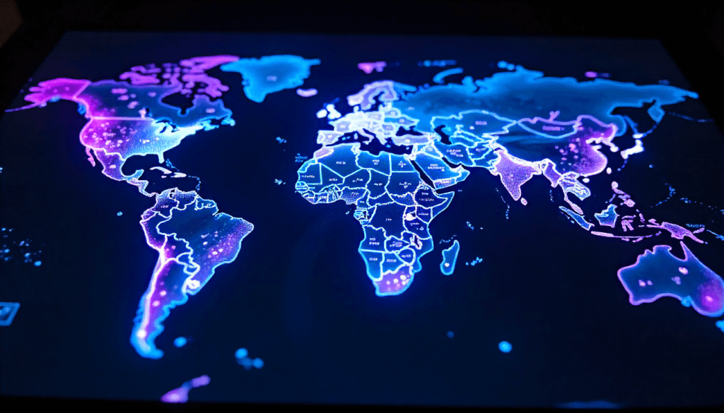 Mapa global digital iluminado en tonos azul y morado representando la conexión mundial en el IA Festival Online