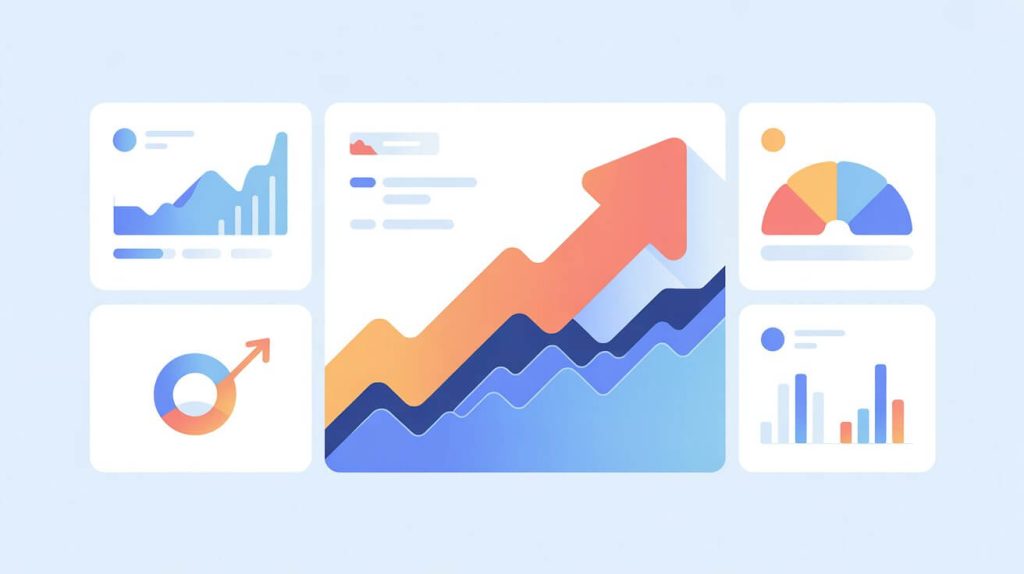 Dashboard con gráficos ascendentes y métricas SEO que muestran visibilidad y evolución de palabras clave en Google.