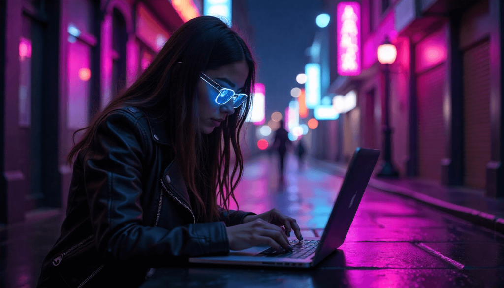 Mujer española con ordenador portátil en un entorno futurista iluminado en tonos neón
