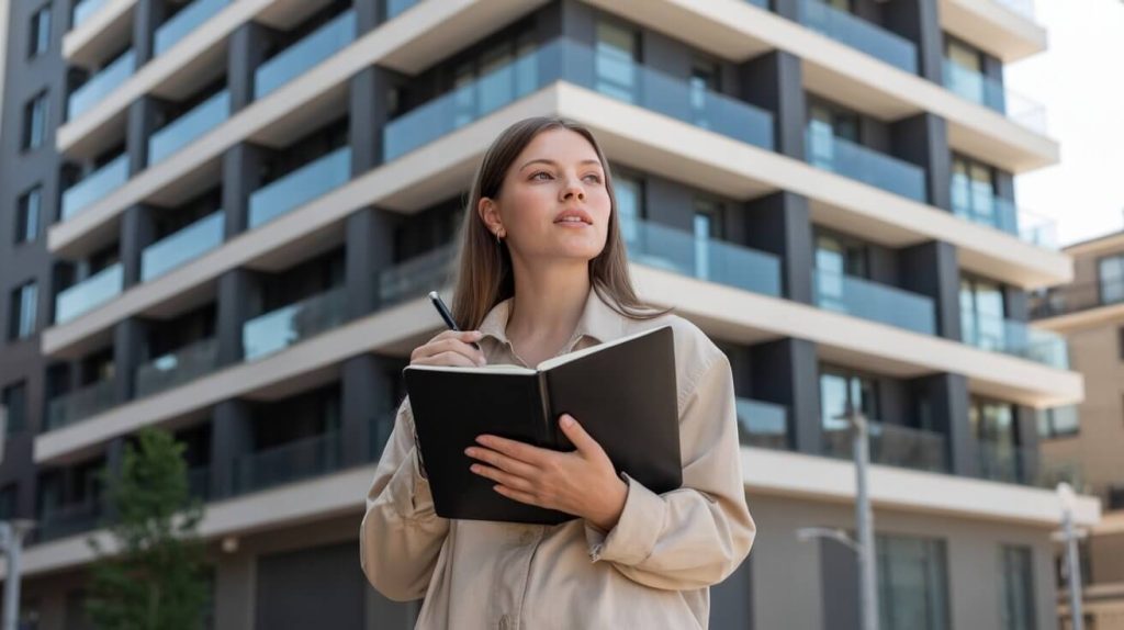 Mujer de pie frente a edificio moderno representando nuevas oportunidades de inversión inmobiliaria.