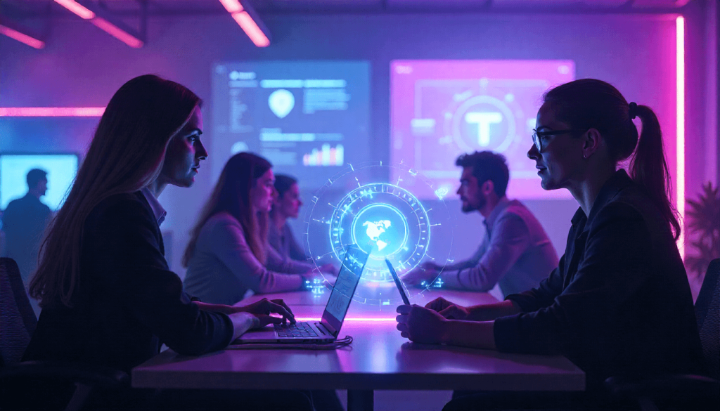 Grupo de profesionales conectando y haciendo networking en el IA Festival 2025 con estética futurista”