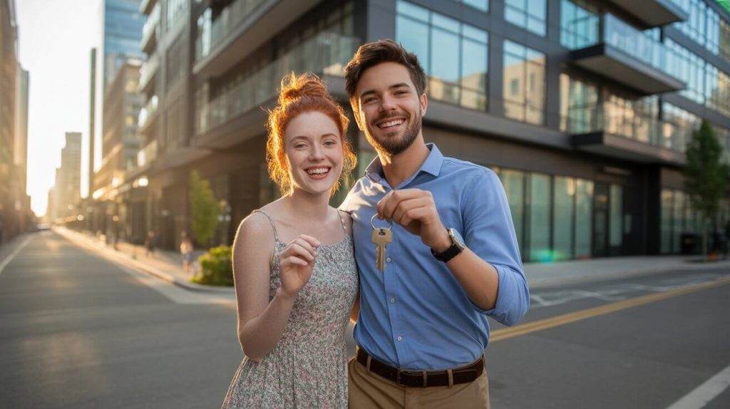 Pareja sonriente mostrando llaves de su primer piso comprado aplicando el método Libertad Inmobiliaria.