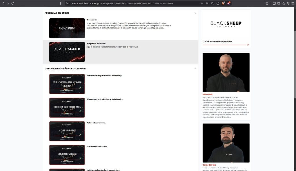 Plataforma del curso Black Sheep Academy con estructura clara y material de apoyo para alumnos