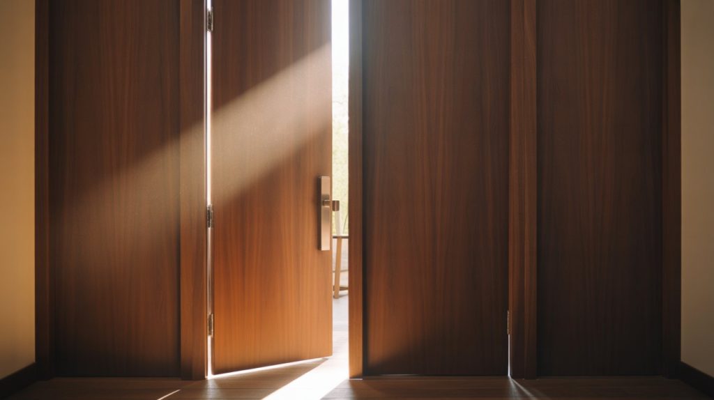Puerta moderna entreabierta con luz cálida entrando, símbolo de nuevas oportunidades de inversión inmobiliaria