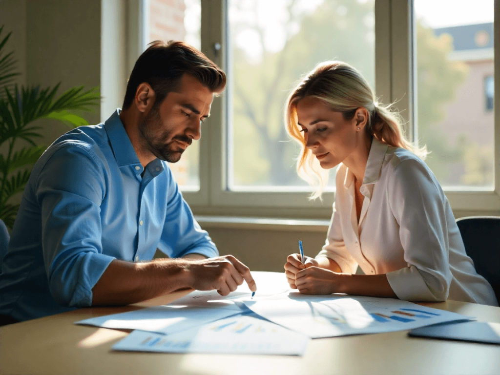 Reunión de traders revisando resultados y estrategias con documentos y gráficos
