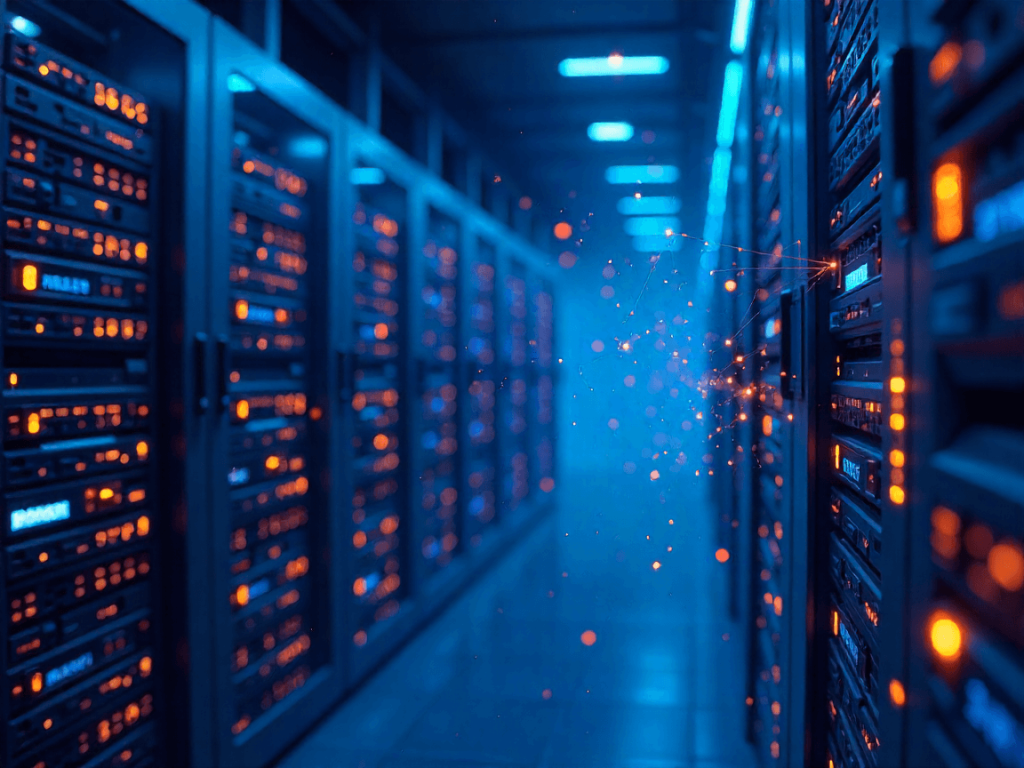 Representación futurista de servidores y redes para automatización con inteligencia artificial