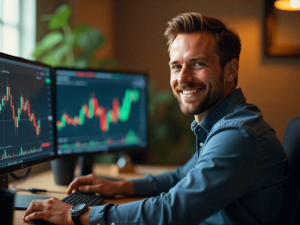 Trader analizando gráficos de mercado en oficina moderna