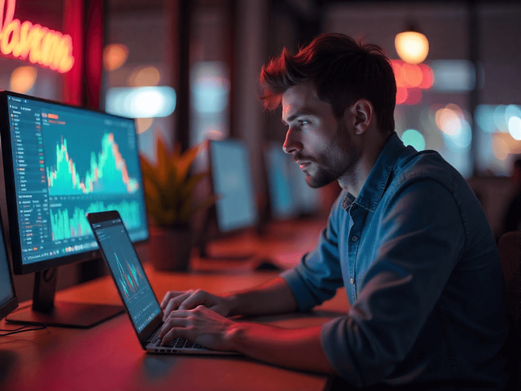 Trader europeo monitoreando mercados financieros en pantalla con gráficas en tiempo real