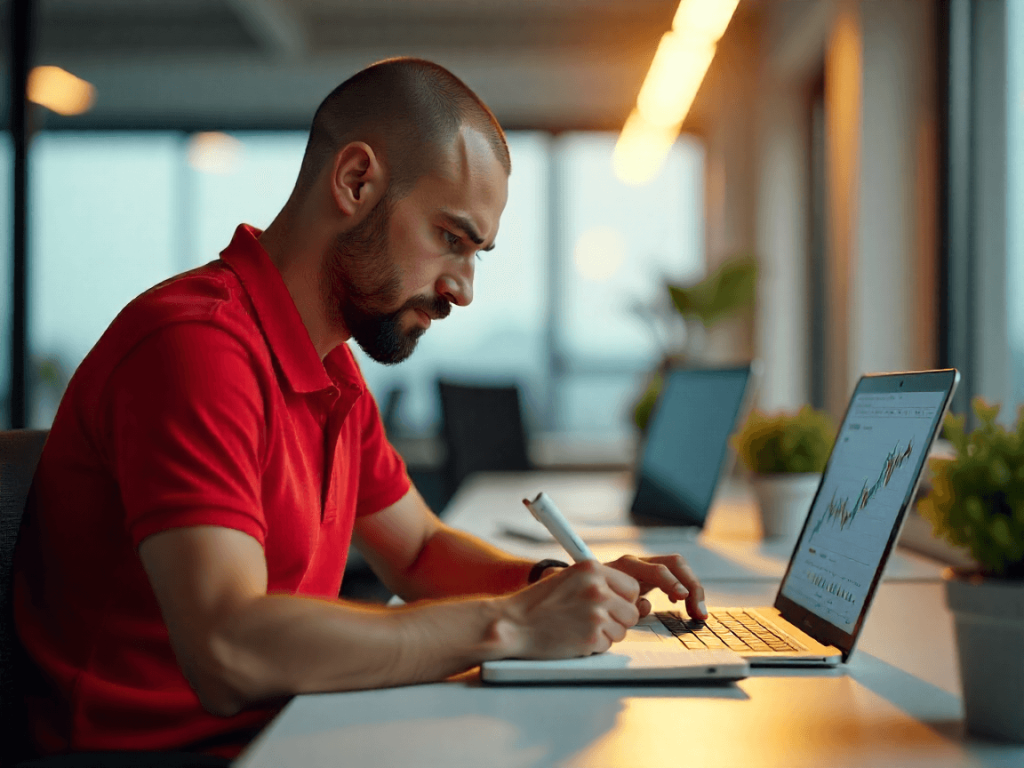 Trader europeo trabajando en portátil con gráficos financieros