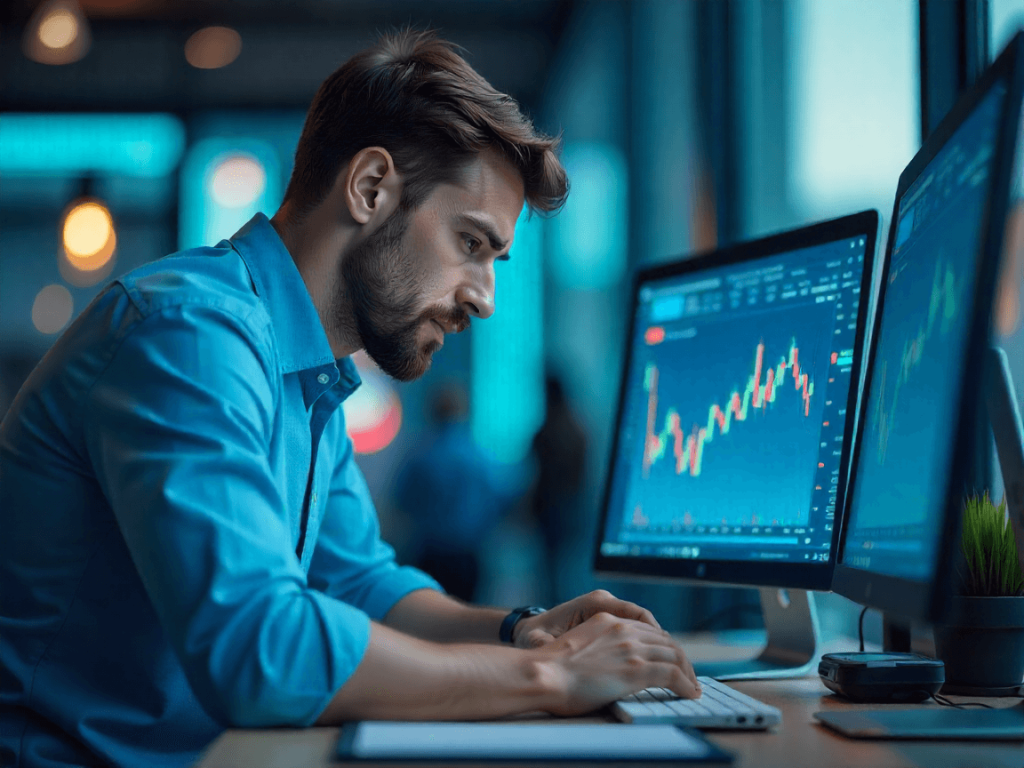 Trader preocupado gestionando riesgo en operaciones de trading