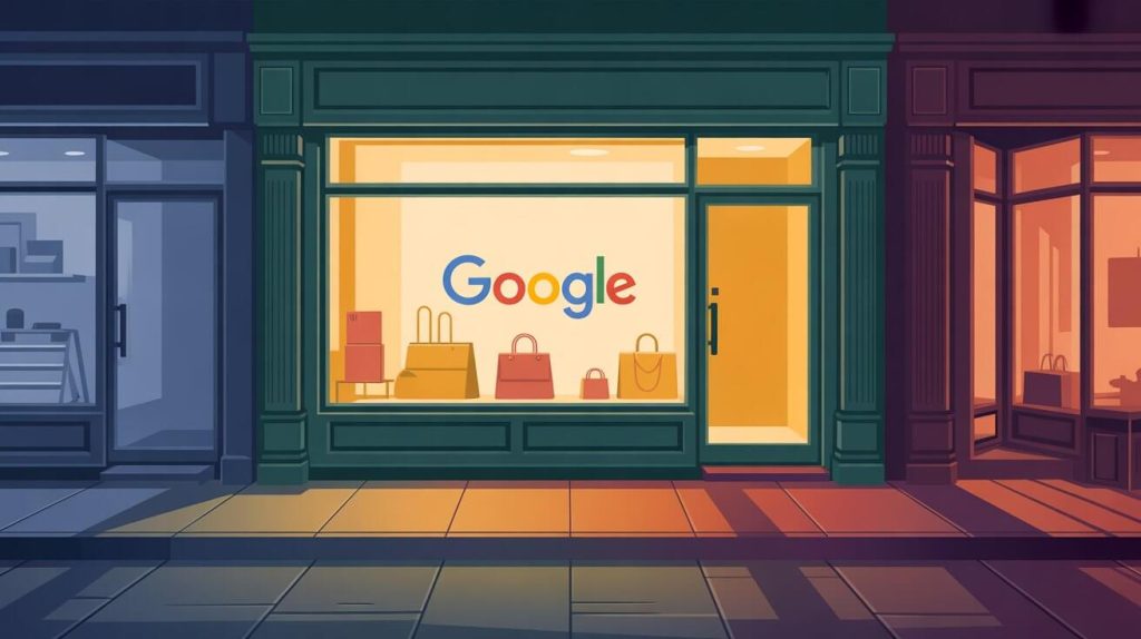 Ilustración conceptual de escaparate iluminado que representa la visibilidad SEO en Google en 2025.
