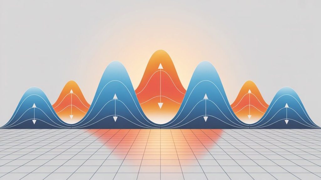 Infografía minimalista de la Teoría de Ondas de Elliott mostrando impulsos y correcciones en diseño azul y naranja