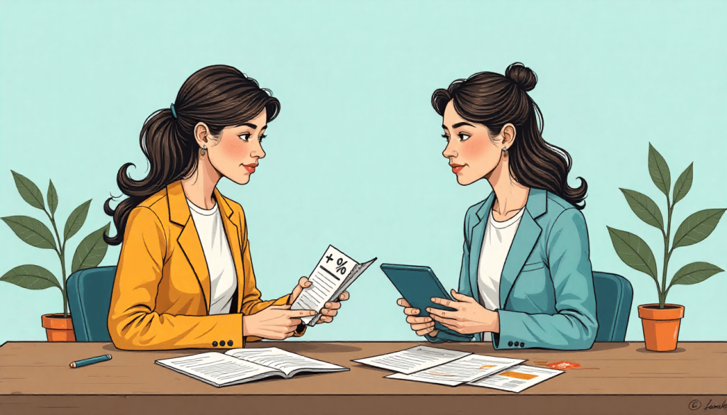 Ilustración de dos personas comparando cuentas remuneradas con checklist de criterios: TAE, saldo máximo, duración y comisiones.