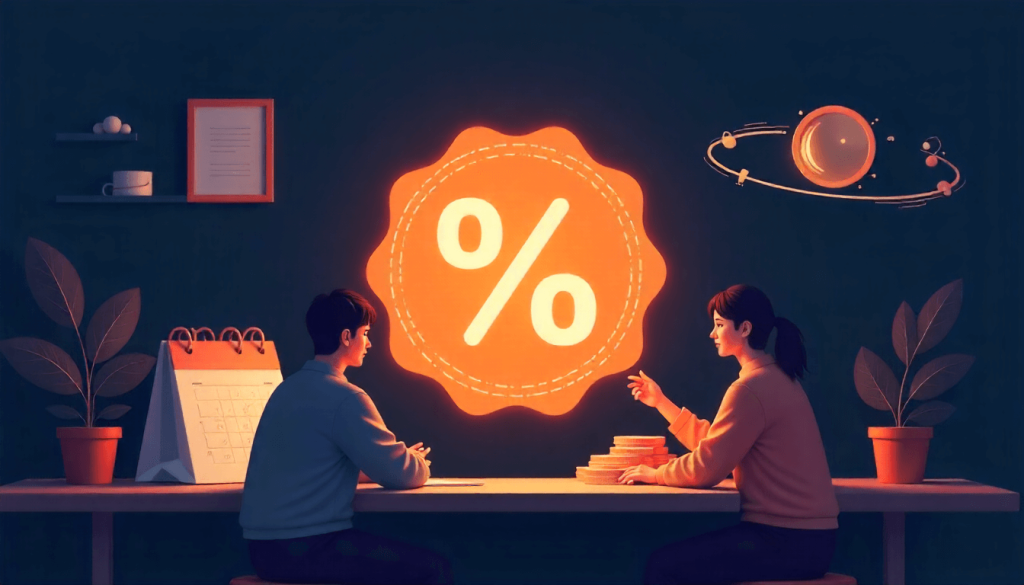 Ilustración hero con símbolo de porcentaje brillante y dos personas comparando cuentas remuneradas 2025 en estilo vectorial.