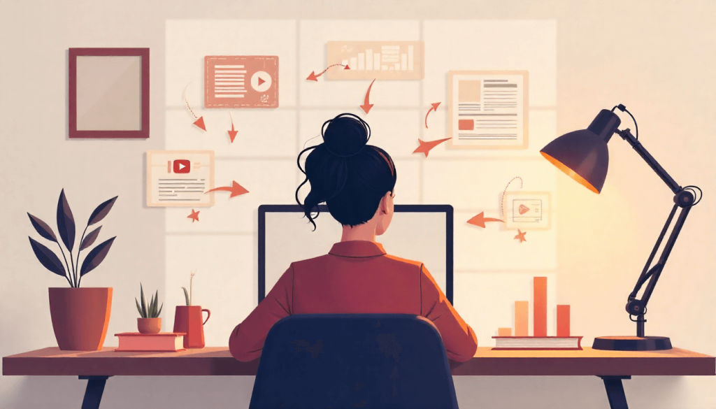 Escritorio minimal con portátil y flujo de trabajo de automatización en YouTube para MonetizaTube.