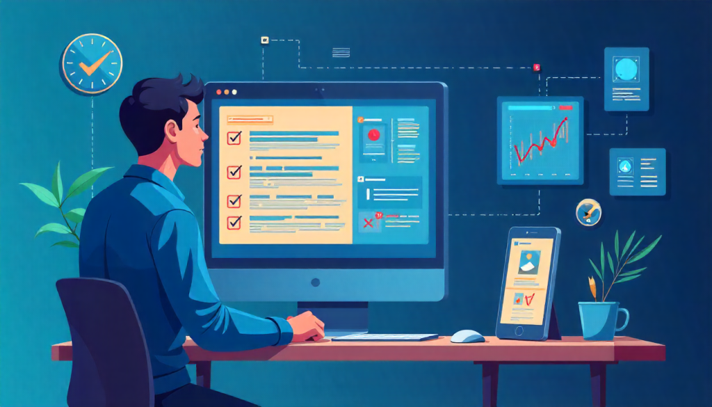 Ilustración isométrica de prompt engineer diseñando flujo de prompts en cadena con iconos de contexto, verificación y documentación