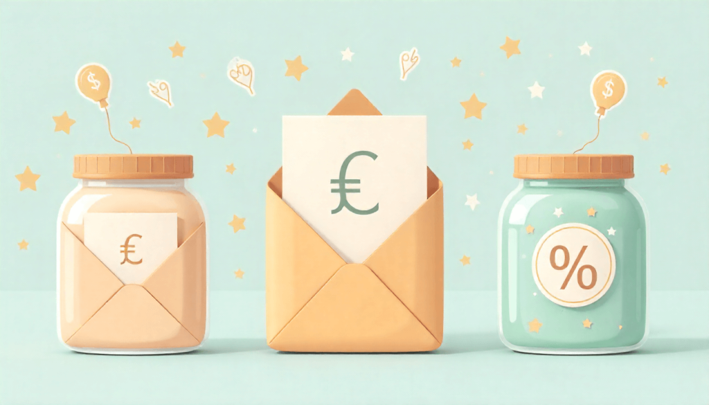 Ilustración de sobres y frascos de ahorro por objetivos con símbolo de porcentaje para explicar cuentas remuneradas 2025.