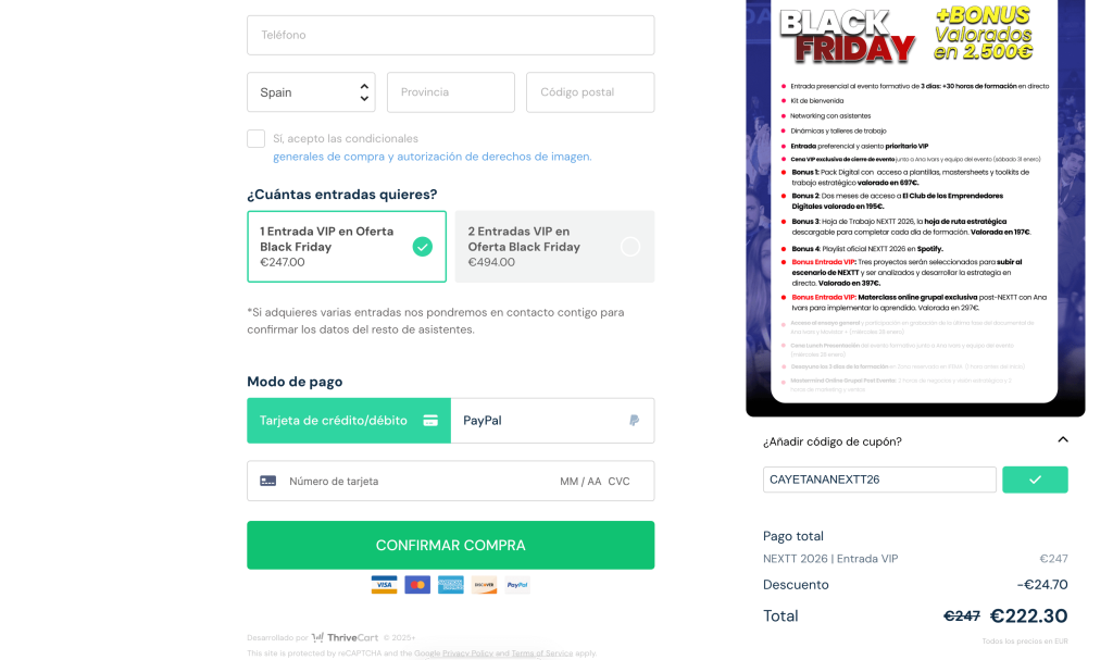 Checkout oficial de NEXTT 2026 mostrando dónde introducir el cupón CAYETANANEXTT26 para obtener el –10 % extra.