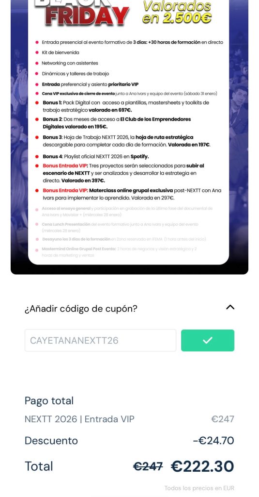 Descuento aplicado en móvil: cupón CAYETANANEXTT26 validado en la compra de entradas de NEXTT 2026 (–10 % extra sobre Black Friday).