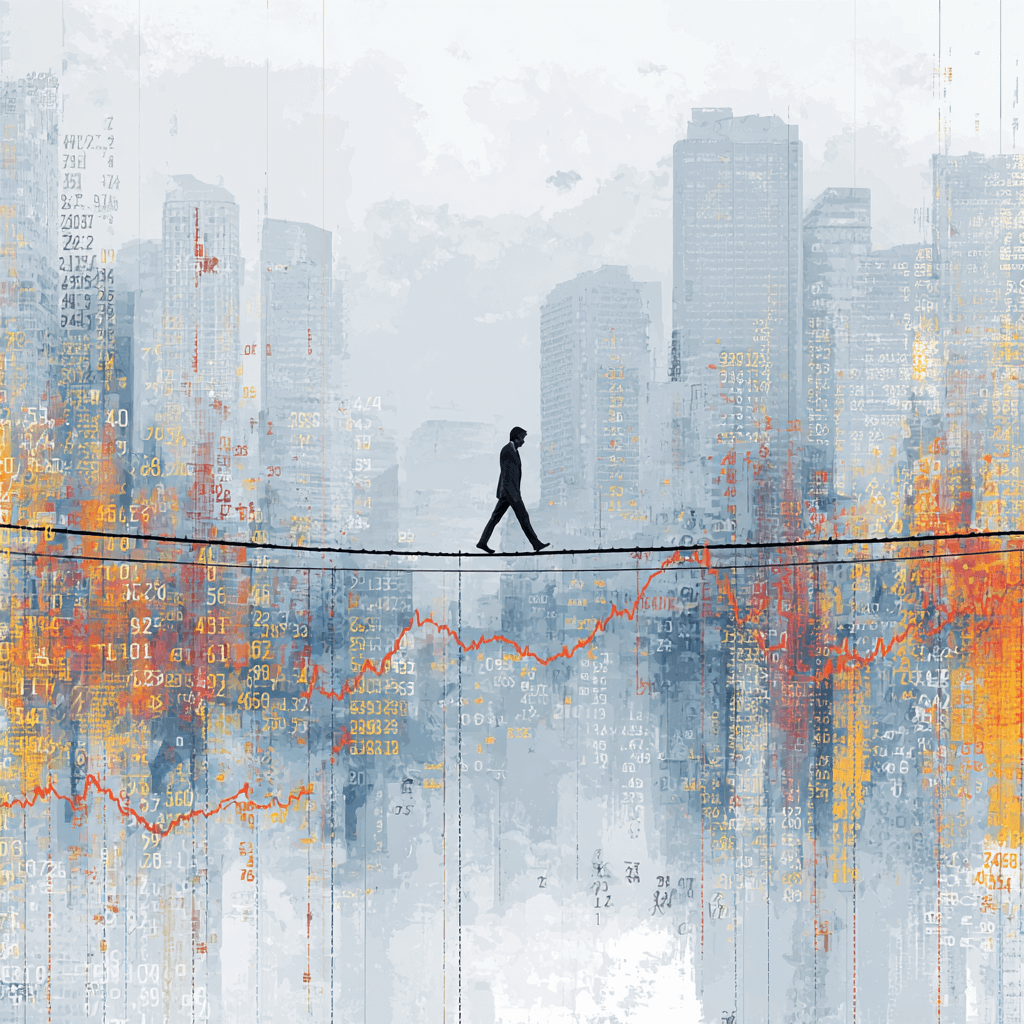 Persona caminando sobre una cuerda floja sobre la ciudad como metáfora del riesgo de contrapartida y operar sin red en el mercado OTC