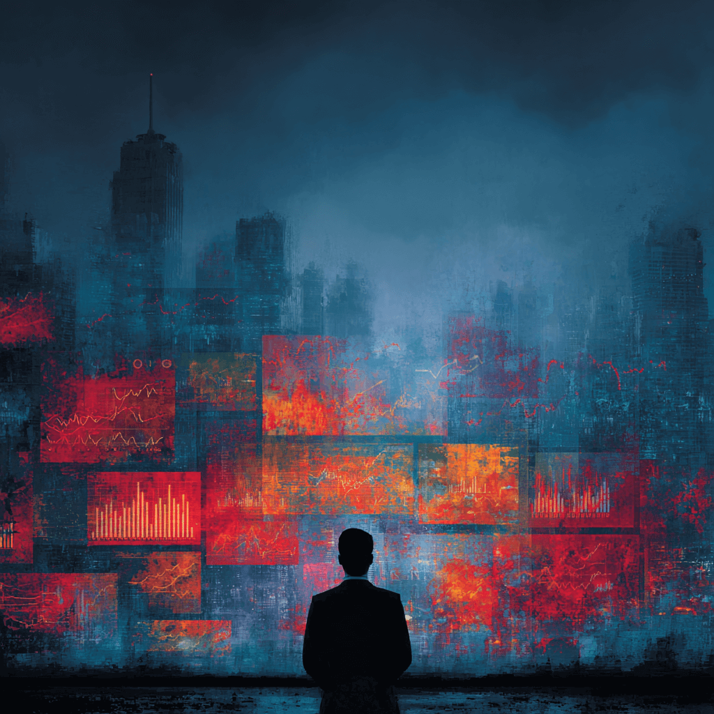 Inversor de espaldas frente a varias pantallas con velas rojas que simbolizan la volatilidad y el riesgo de precio en el mercado OTC.