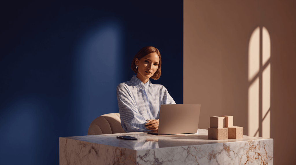 Profesional en oficina moderna junto al portátil, composición limpia y premium para conseguir clientes en LinkedIn (autoridad tranquila).