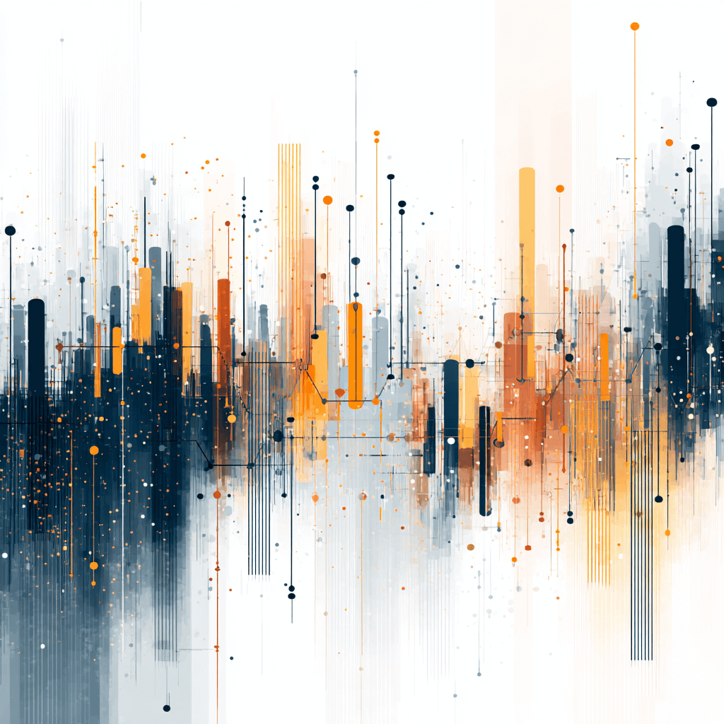 Visual analítico minimalista (barras y puntos) en azul marino y naranja para captar clientes en LinkedIn con el método 4D