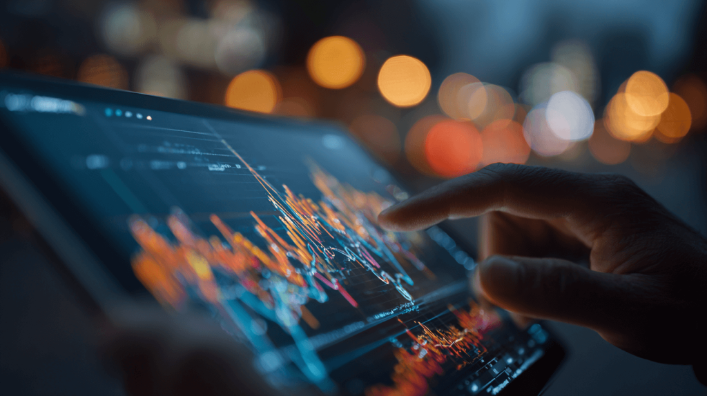 Manos usando una tablet con gráficos de mercado para hacer trading de acciones como COIN