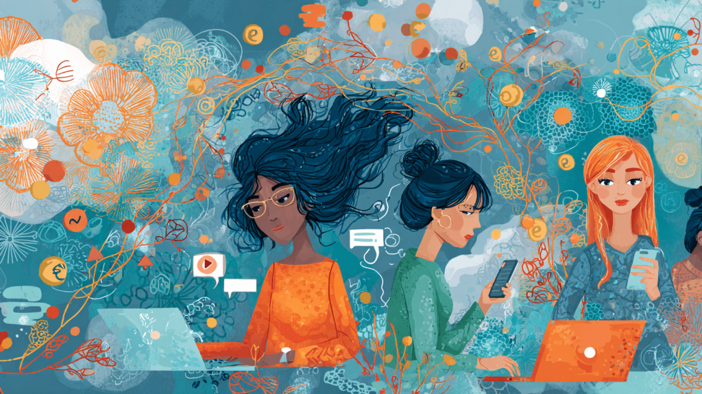 Grupo de creadores digitales utilizando portátil y móvil para promocionar productos con marketing de afiliados en distintos canales