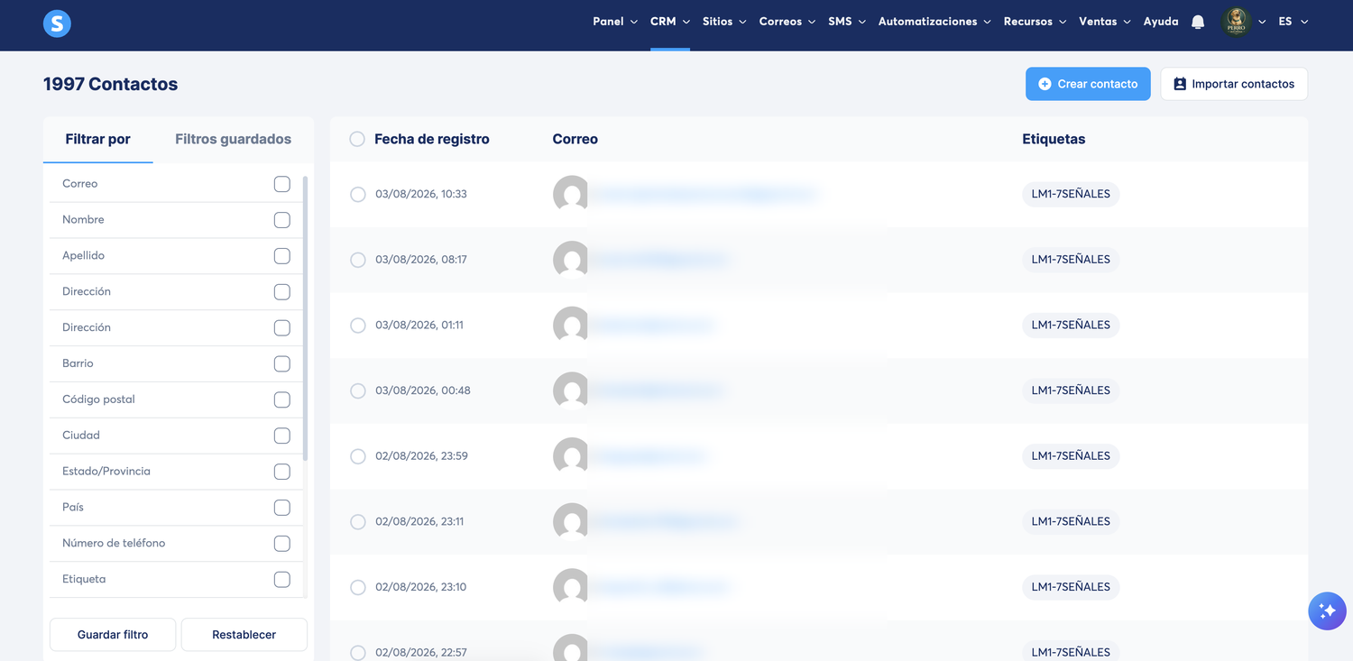 CRM de systeme.io con 1.997 contactos, justo por debajo del límite de 2.000 del plan gratuito