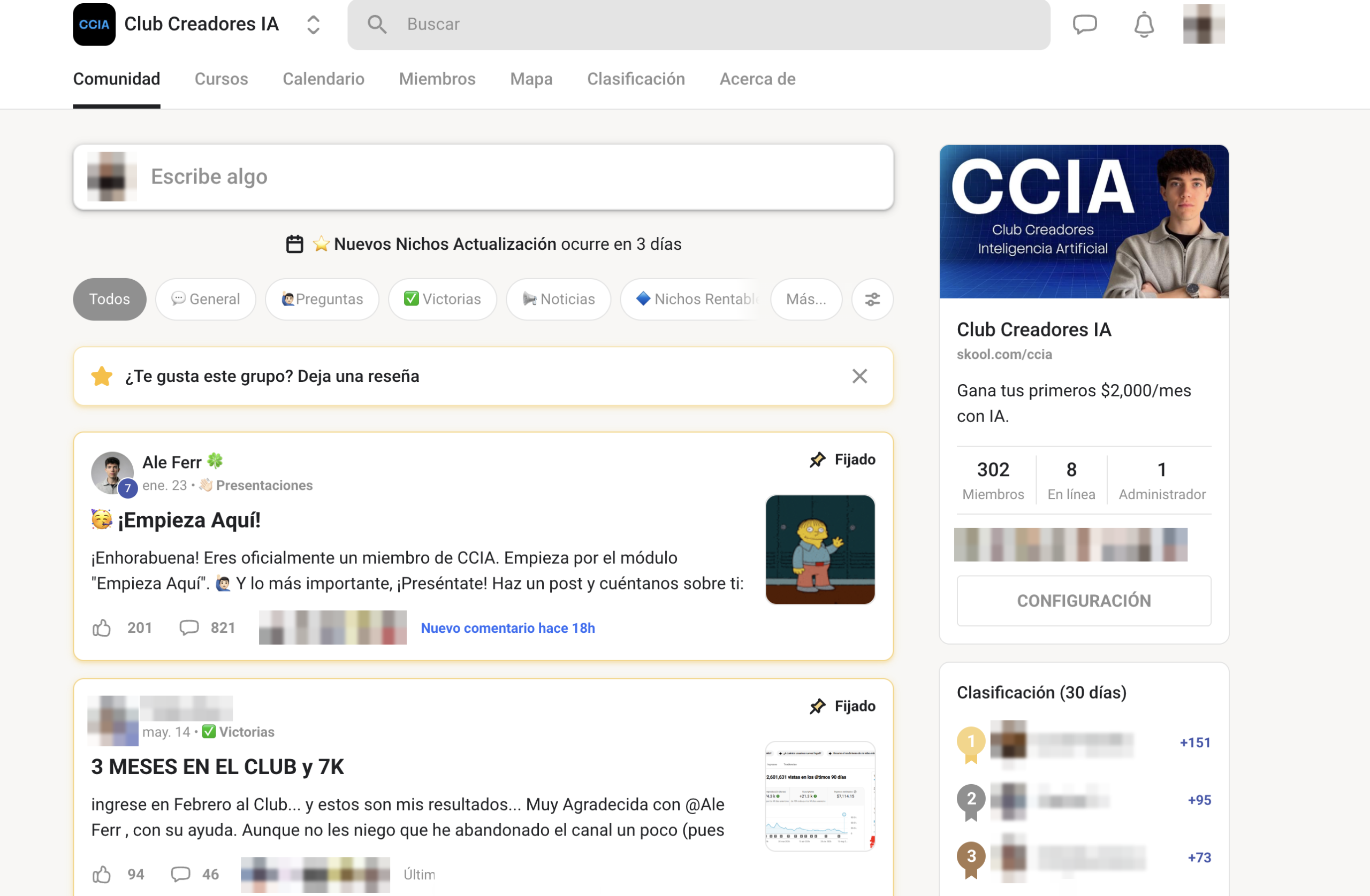 Portada de la comunidad Club Creadores IA en Skool con la publicación de una miembro titulada 3 meses en el club y 7K