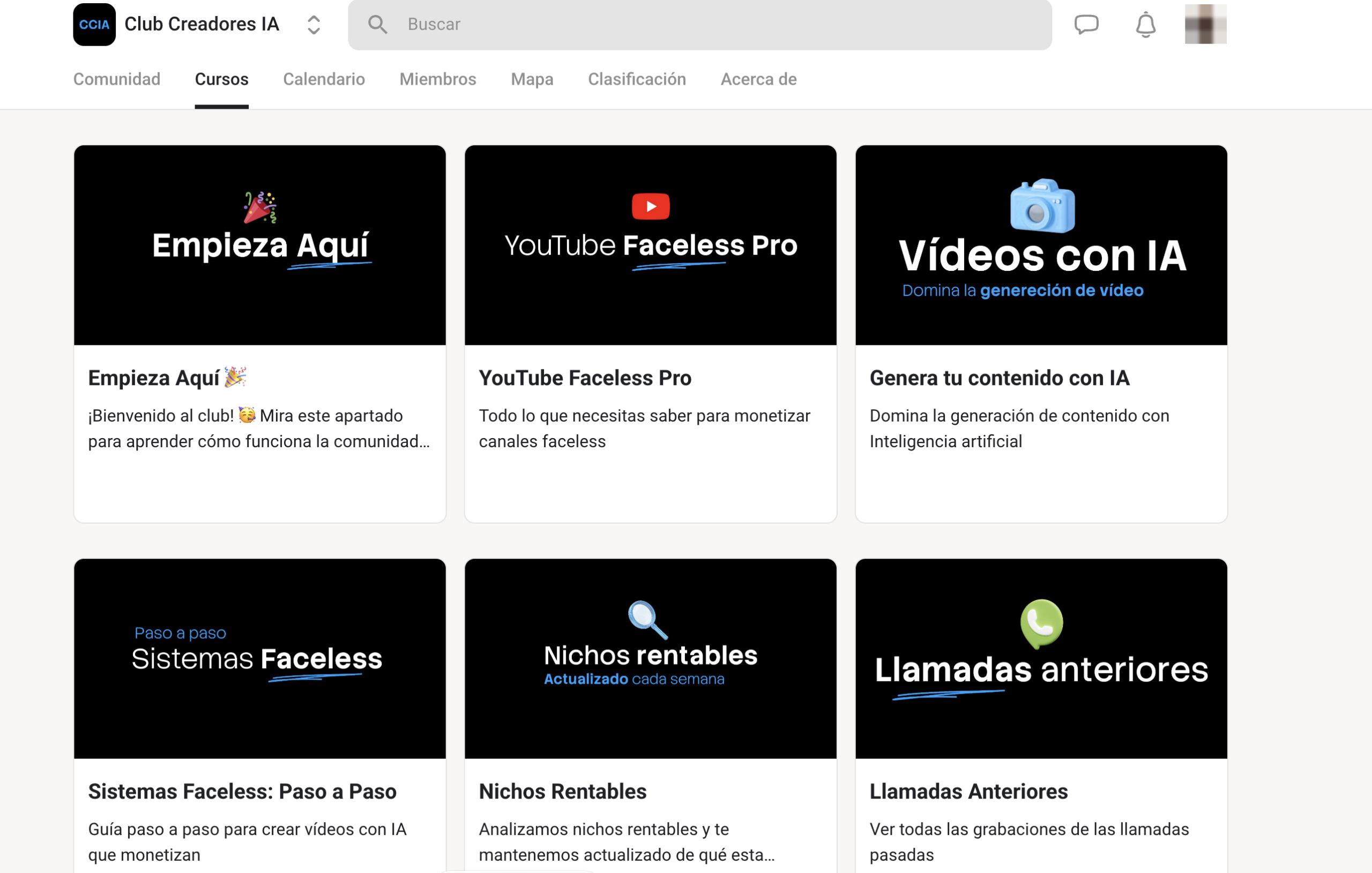 Sección de cursos del Club Creadores IA en Skool: Empieza Aquí, YouTube Faceless Pro, Genera tu contenido con IA, Sistemas Faceless, Nichos Rentables y Llamadas Anteriores