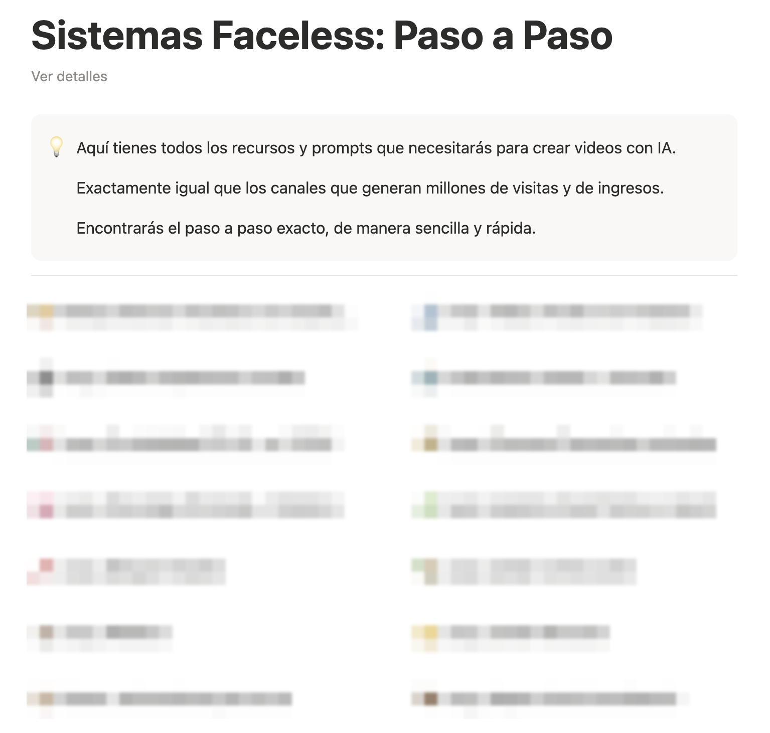 Página de Sistemas Faceless Paso a Paso del Club Creadores IA, con la lista de sistemas pixelada