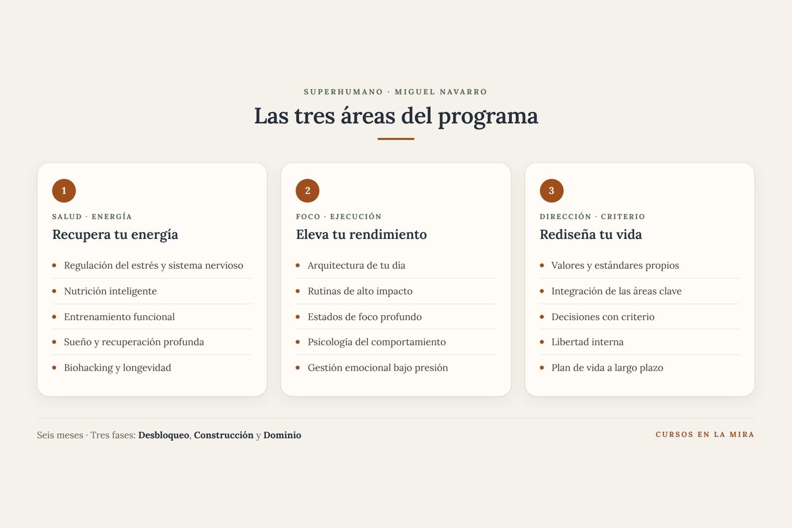 Las tres áreas de la mentoría Superhumano de Miguel Navarro: energía, rendimiento y dirección vital