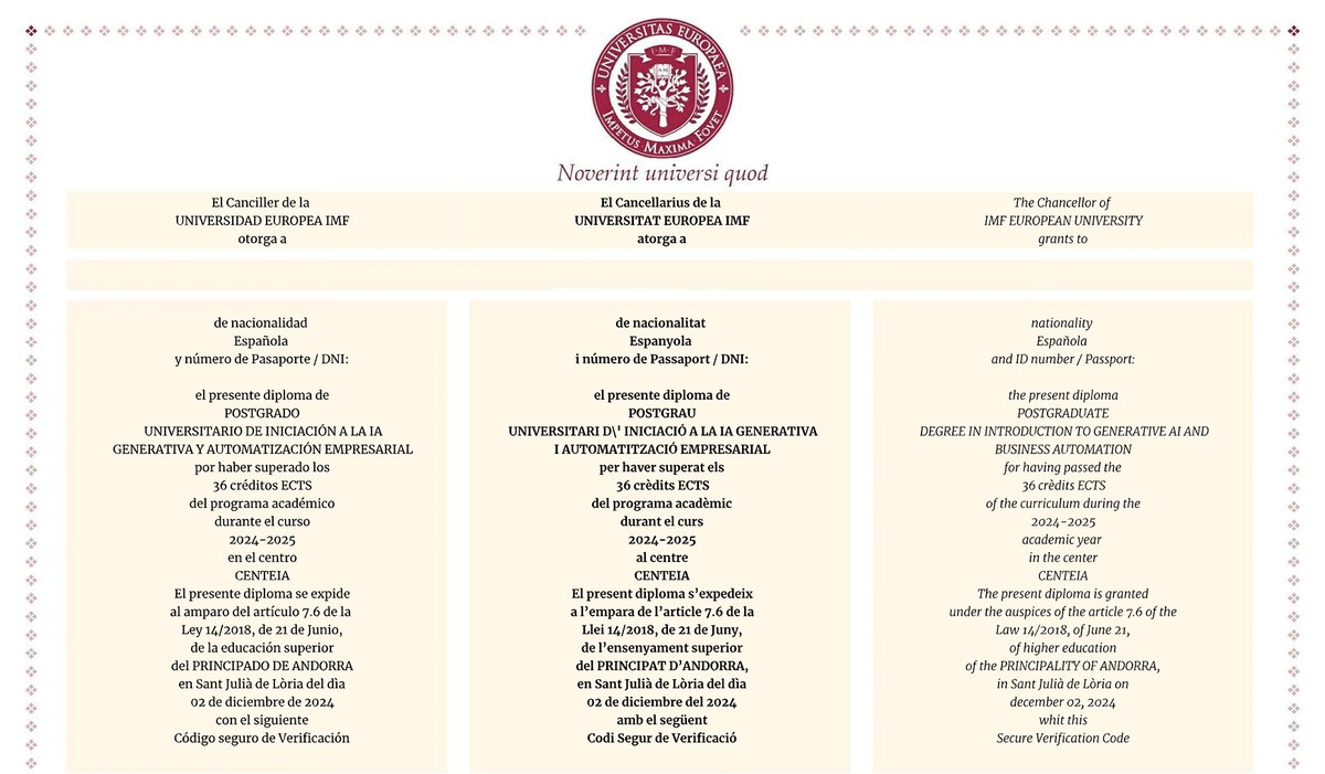 Modelo del diploma de postgrado de CenteIA PRO expedido por la Universidad Europea IMF