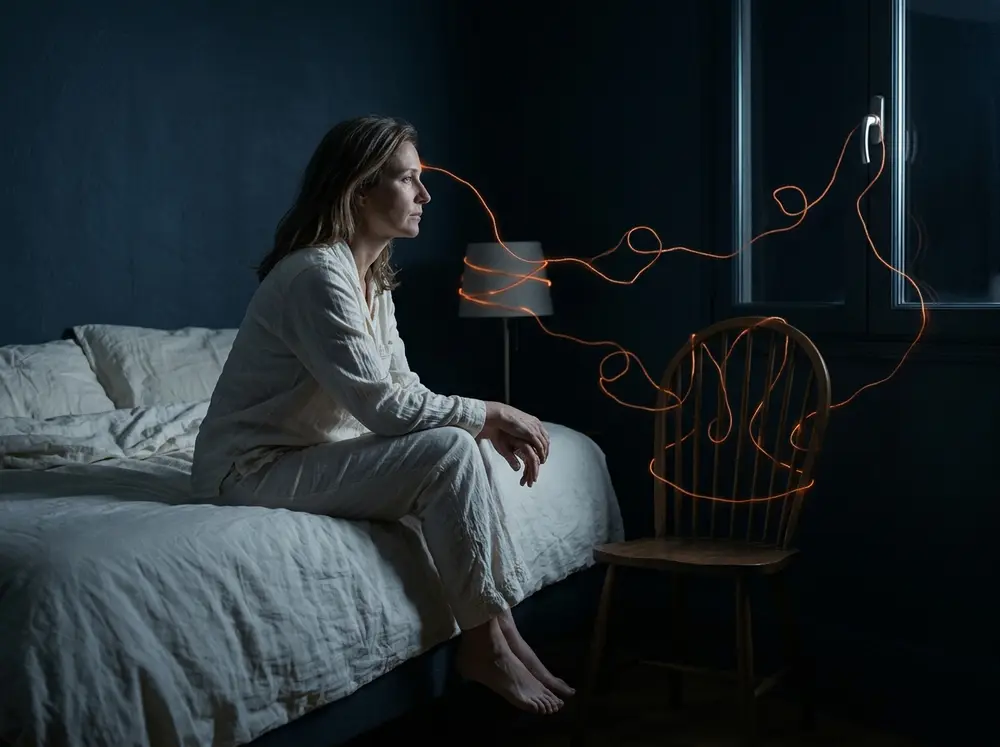 Mujer sentada en la cama de madrugada con un hilo de pensamientos que recorre la habitación