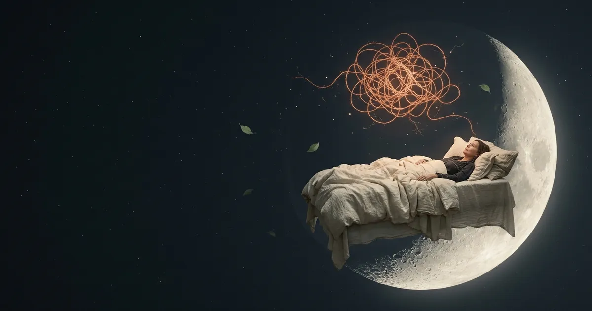 Mujer despierta en una cama que flota sobre una luna creciente, con un hilo de pensamientos enredado
