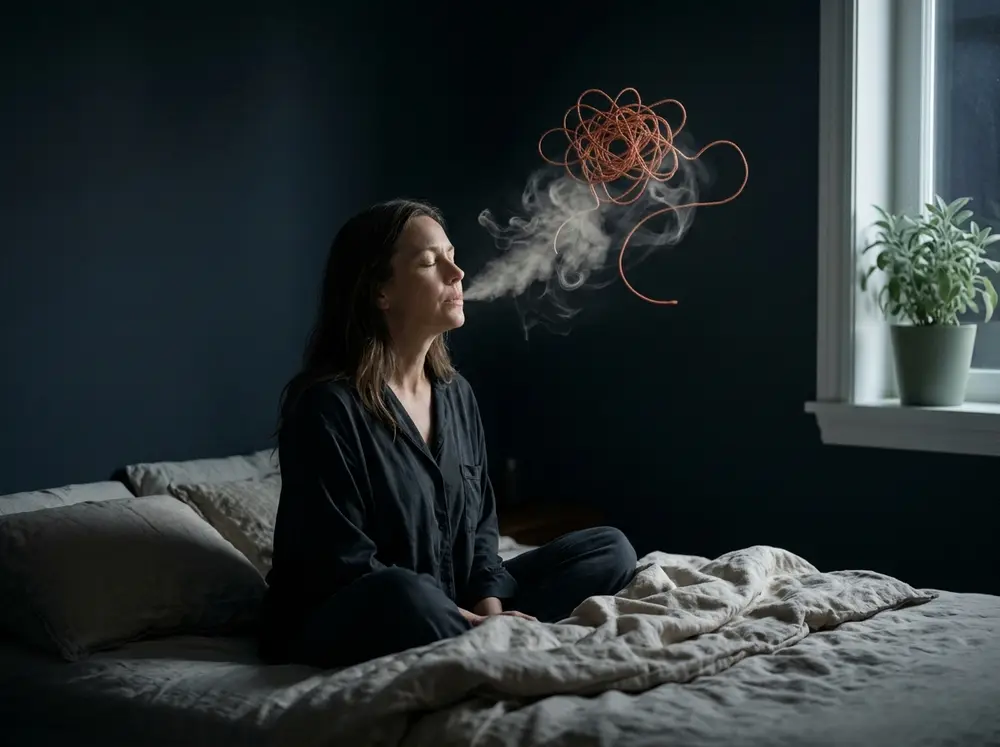 Mujer sentada en la cama con los ojos cerrados soltando el aire despacio para calmarse