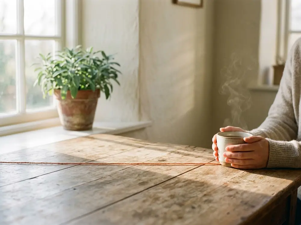 Manos sujetando una taza junto a una ventana con luz de mañana y un hilo terracota recto sobre la mesa