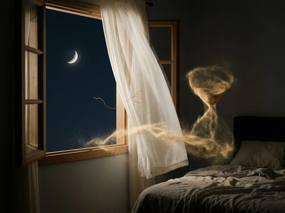 Arena que entra por una ventana abierta de noche y forma un reloj de arena junto a la cama