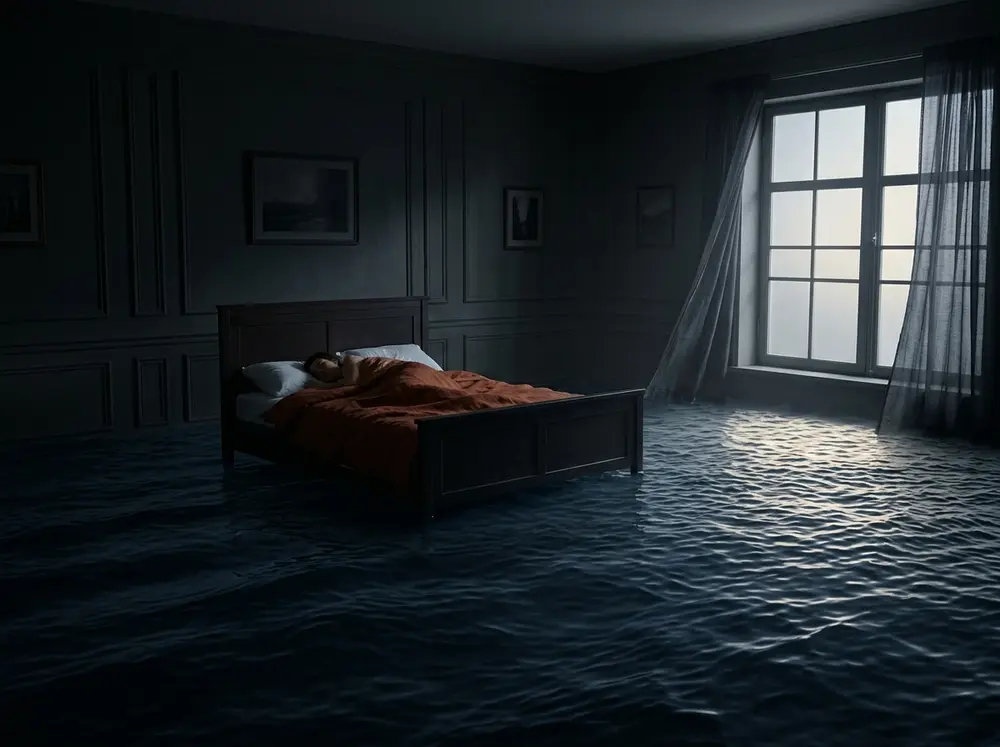 Cama flotando en un mar oscuro que se vuelve más ligero hacia la ventana, metáfora del sueño de madrugada